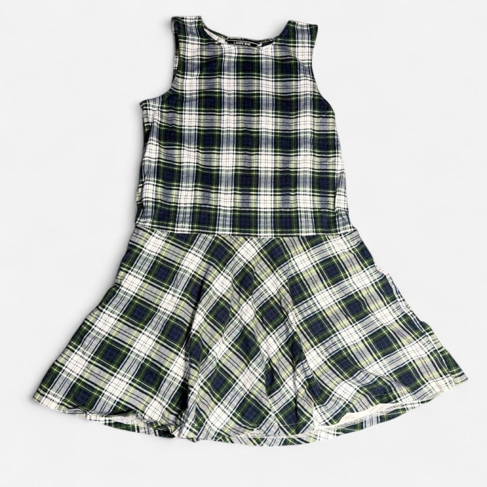 Lands End Plaid Knit Dress Girls Size 8 Green Navy Sleeveless Dropped Waist